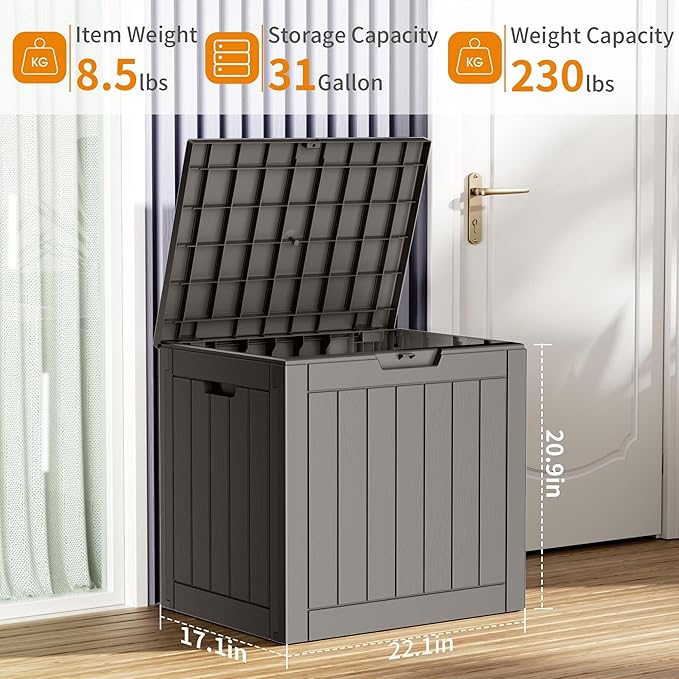 31 Gallon Resin Deck Box, Lockable Patio Outdoor Storage Box for Furniture, Garden Tools and Tools Storage, Waterproof Outside Storage Boxes - Grey