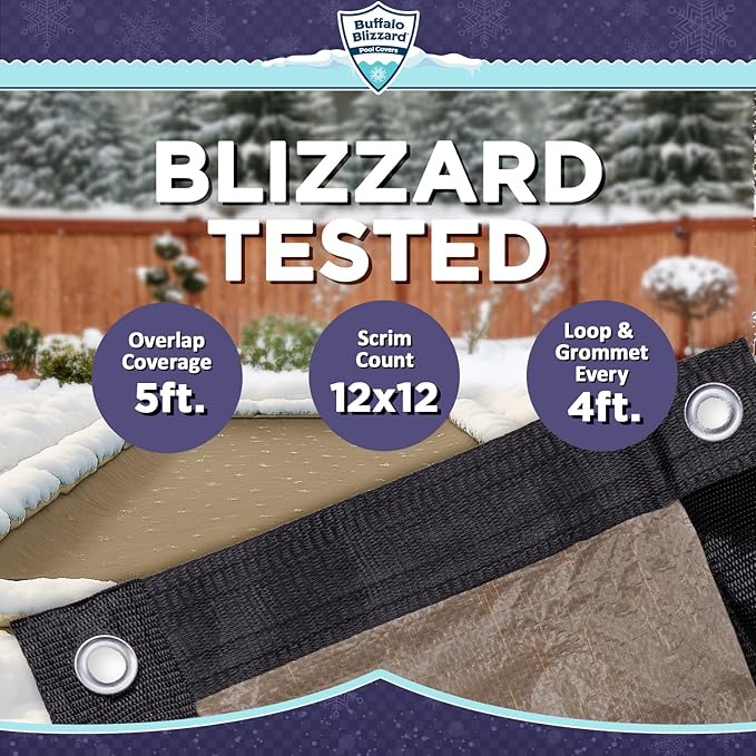 Buffalo Blizzard Supreme Plus 12 ft x 24 ft Rectangular Winter Pool Cover | Tan/Silver | Heavy Duty for Above Ground Swimming Pools | Easy Install | Cold & UV Resistant | Seasonal Debris Protection