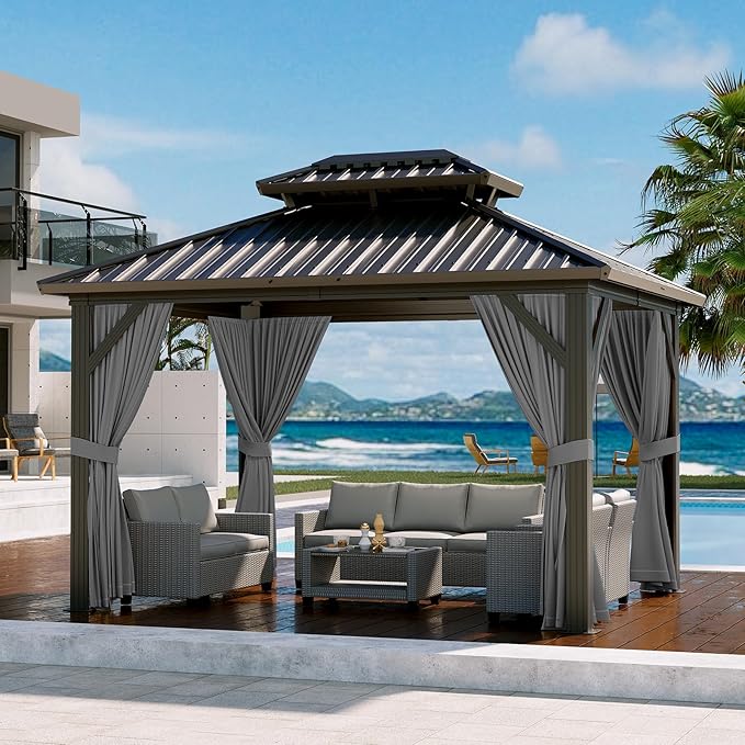 12'x10' Hardtop Gazebo, Heavy Duty Aluminum Permanent Hardtop Gazebo Outdoor Pavilion with Curtains and Netting for Garden (Gray, 12'x10')