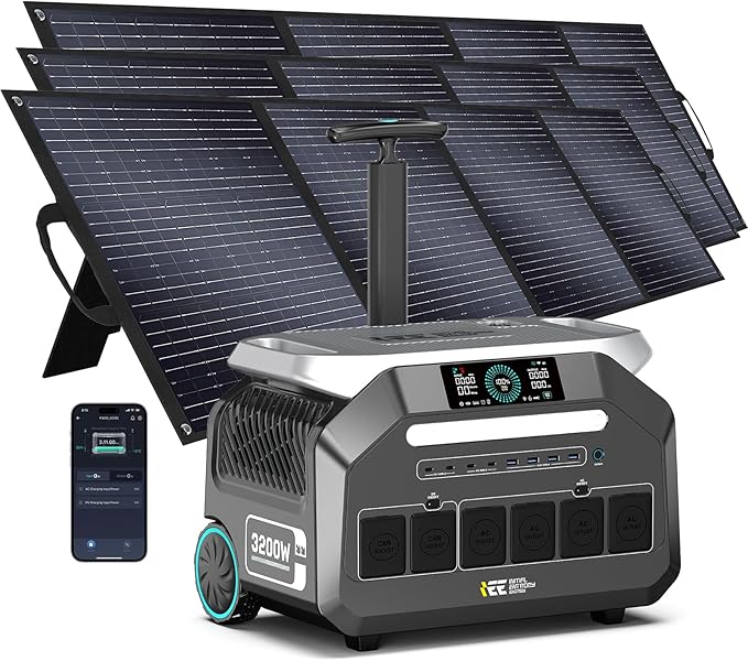 IEE P3200 3200W Solar Generator with 3x200W Solar Panels included, 2048Wh Power Station with 4 * 3200W AC Outlets (6400W Peak), 1800W Fast Charging, APP Control Emergency Power Station for Home, RVs