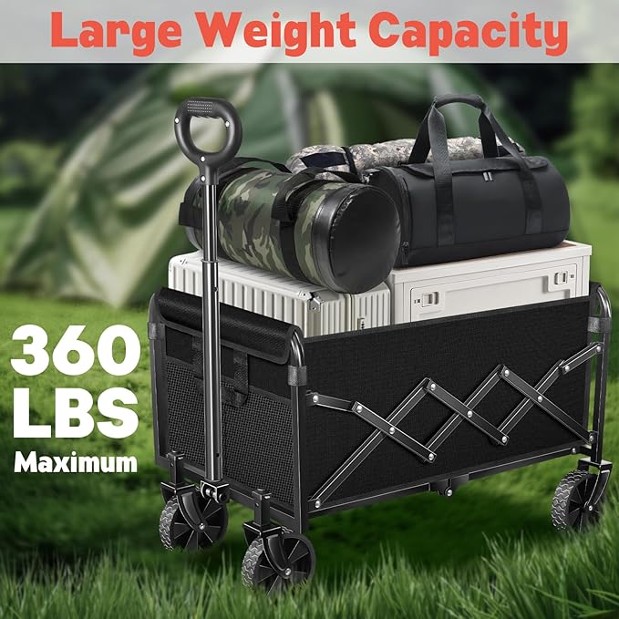 Wagons Carts Foldable,360 lbs Collapsible Wagon with Wheels Foldable Wagon Cart with Flexible Handle,Lightweight Portable Folding Cart for Camping Beach Picinic Grocery Outdoor Sports Shopping(Black)