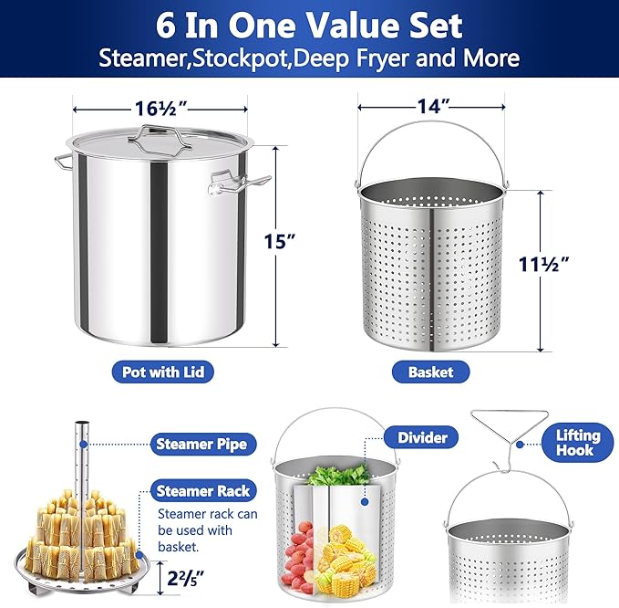 ARC 52QT Stainless Steel Turkey Fryer Pot with 36" Large Spoon, Propane Burners Kit, Tamale Steamer Pot with Basket, Steamer Rack, for Outdoor Cooking, Seafood Boil, Crawfish Boil, Home Brewing
