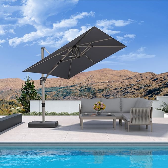 PURPLE LEAF 8' X 8' Patio Umbrella Outdoor Cantilever Umbrella, Aluminum Offset Umbrella with Champagne Frame and 360° Rotation for Pool Deck Garden, Light Grey