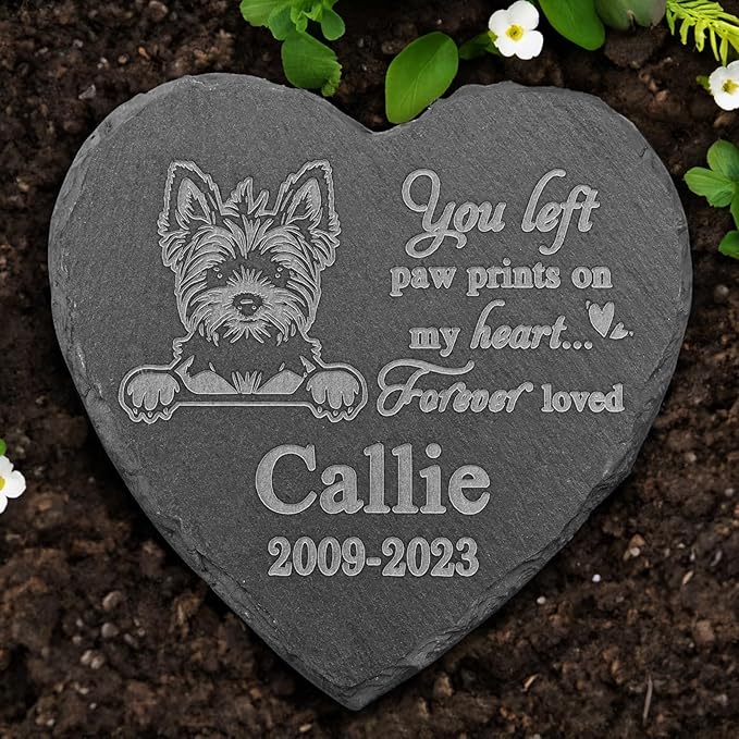 Yorkshire Terrier Memorial Stone, Heart-Shaped Pet Memorial Plaque, 9.8x9.8 Inches, Slate Stone, Forever Loved