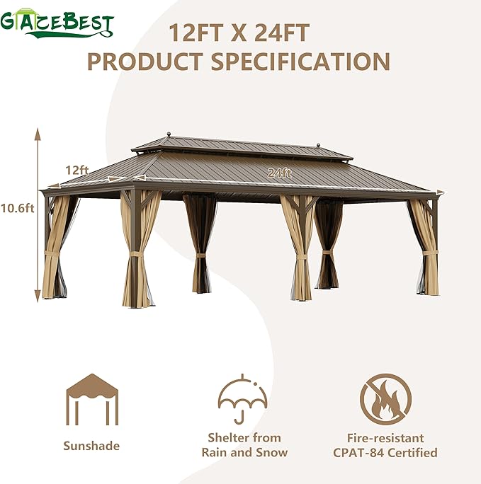 12'x24' Hardtop Gazebo Outdoor Aluminum Patio Gazebo Double Roof Galvanized Steel Canopy with Netting and Curtains for Garden, Backyard,Deck and Lawns