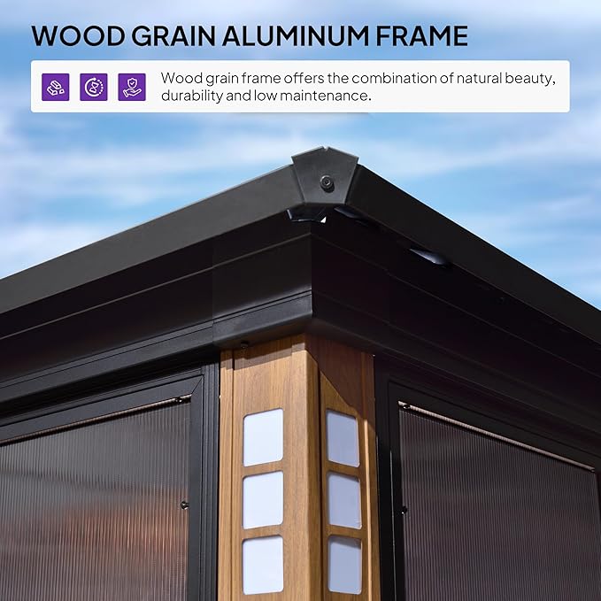 PURPLE LEAF 12' X 14' Sunroom Patio Hardtop Gazebo Double Top Galvanized Steel Screen House Aluminum Sun Room Outdoor Solarium for Garden Backyard and 24 Solar String Light