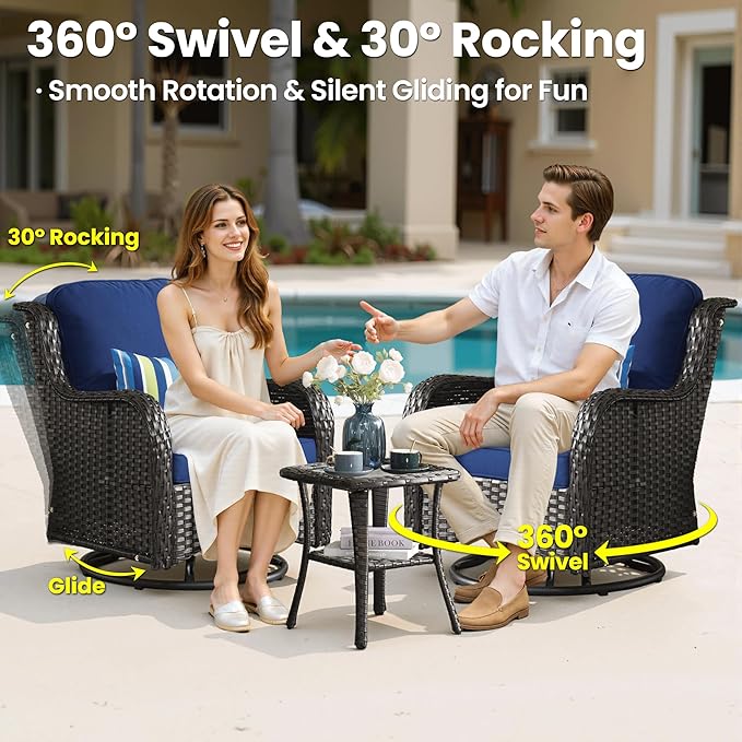 ovios 7 Pieces Patio Furniture Set, Outdoor Wicker Sofa Couch with Swivel Chairs 54" Fire Pit Table, High Back All Weather Modern Conversation Sets, Brown Rattan, Navy Blue