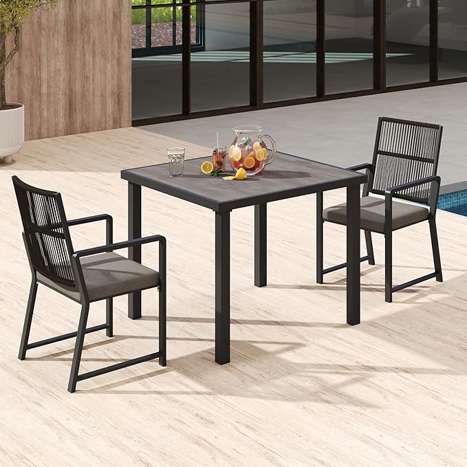 3 Pieces Aluminum Outdoor Dinning Set Featuring 1 Tables and 2 Ratten Chairs Waterproof and Rust-Proof Courtyard Style Table Garden/Balcony/Poolside, Black 3Pcs