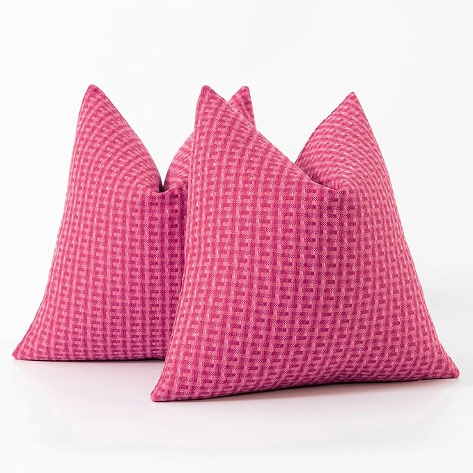 Kevin Textile Outdoor Waterproof Throw Pillow Covers Pack of 2 Valentines Weaving Texture Water Resistant Decorative Cushion Covers for Garden Patio Tent Balcony Bench Couch 16x16 Inch, Hot Pink