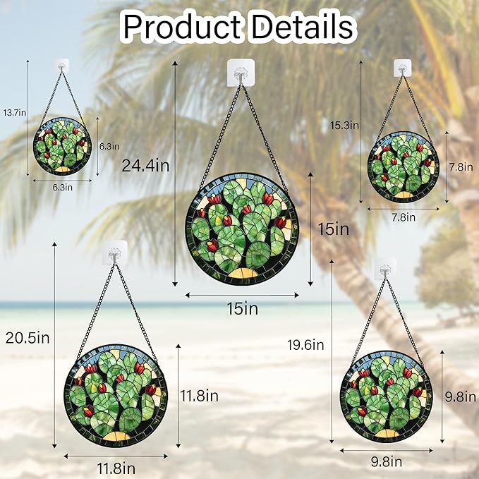 Stained Glass Window Hanging - Green Cactus Suncatcher for Doors Garden Patio Retro Plants Sun Catchers Decor Christmas Mother's Day Birthday Gifts for Women Men Mom Nana Friend 7.8 in