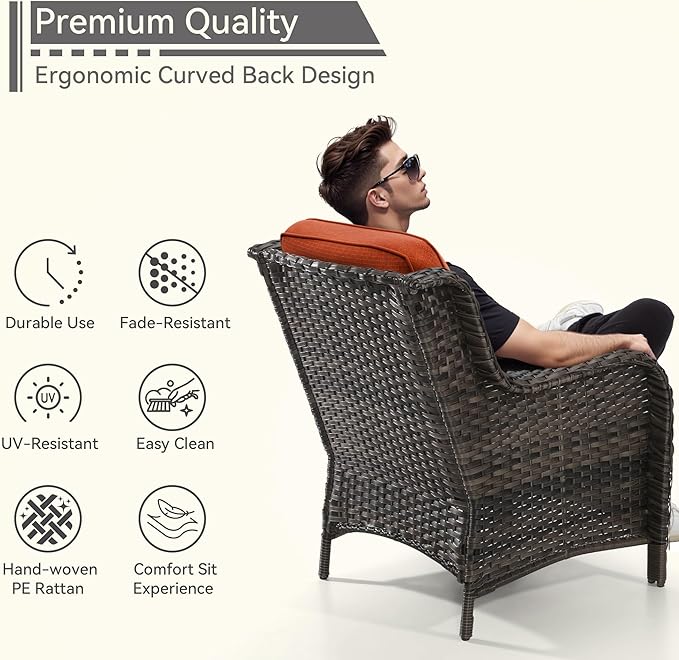 5 Pieces Patio Conversation Set, Wicker Chairs Set of 2 and Two Ottomans with 3.5-inch Seat Cushions, 1 Side Table High Back and Curved Armrest for Backyard, Balcony and Deck, Orange