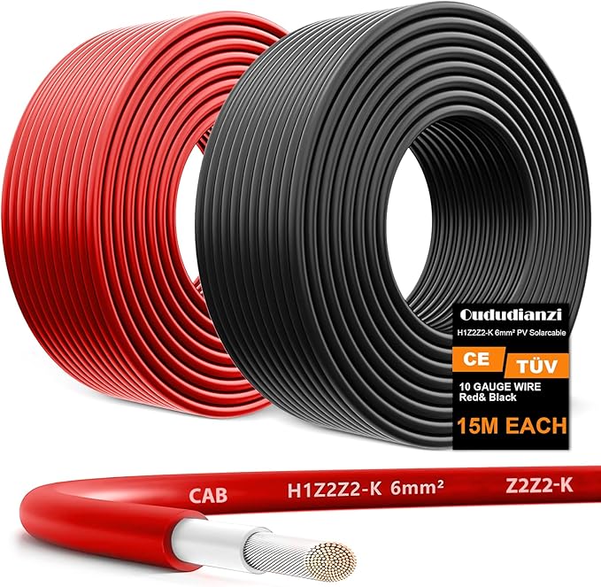 Oududianzi 2x50 Feet Solar Panel Wire, 10AWG Solar Wire Tinned Copper 10 Gauge Solar Cable PV Wire, for Outdoor Automotive RV Solar Panels Boat Marine (50FT Red + 50FT Black)