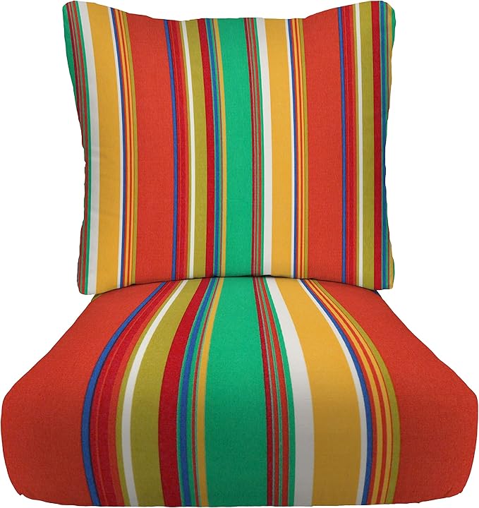 RSH DECOR: Deep Seating Cushion with Pillow Back | 25” x 25” Seat | Water and Fade-Resistant Spun Fabric | Outdoor Chair Cushion Set for Patio Furniture | Bright Colorful Stripe