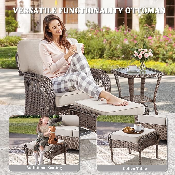 6 Pieces Patio Furniture Set Outdoor Sectional Sofa Couch with Rocking Swivel Chairs 5" Deep Seat Chairs, 2 Sofa Sets Modern Wicker Rattan Conversation Set, Beige/Brown Wicker