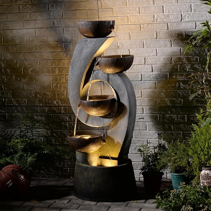 46.8''H Outdoor Water Fountains - 5-Tiered Garden Fountains Outdoor for Patio, Yard, Balcony, Porch, Modern Resin Waterfall Feature for Outside with Light, Cascading Bowl Water Feature Gray