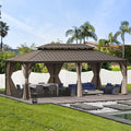 Domi 14'x24' Hardtop Gazebo Canopy,Outdoor Aluminum Gazebo with Galvanized Steel Double Roof,Large Permanent Gazebo Pavilion for Patio Deck Backyard,Curtain and Netting, Dark Brown