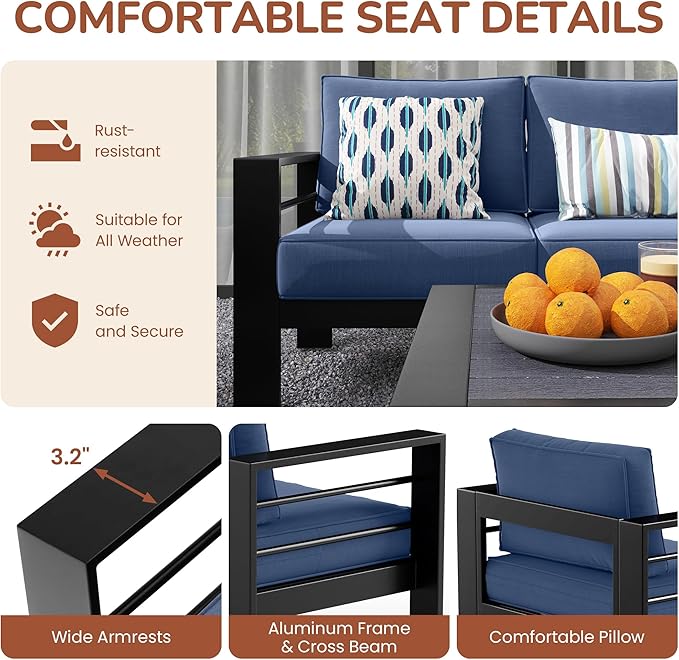 Solaste Aluminum Patio Furniture Set with Fire Pit Table, 4 Piece Metal Outdoor Furniture with Water-Resistant Cushions, Modern Patio Conversation Set for Balcony, Front Porch, and Backyard,Blue