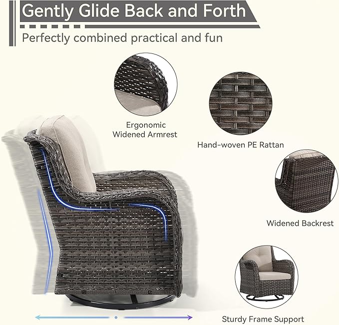 5 Pieces Outdoor Patio Furniture Set - Conversation Set Includes Wicker Swivel Rocker Chairs Set of 2, 2 Ottoman, 3 Seat Sofa, Suitable for Porch, Yard, Mixed Brown Rattan, Beige