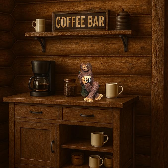 Bella Haus Bigfoot Garden Statue | Sasquatch Enjoying Morning Coffee | Whimsical Bigfoot Cabin Décor for Yard Patio Office or Home | Mythical Coffee-Loving Sasquatch Figurine | Hand-Painted Resin