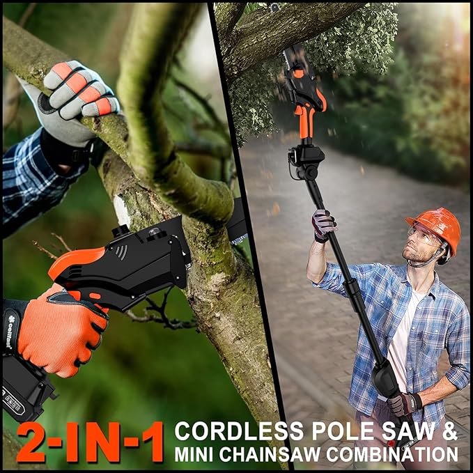 2-IN-1 Cordless Pole Saw & 8" Mini Chainsaw Battery Powered, Electric Pole Saws for Tree Trimming with 2 x 21V Batteries, Handheld Chainsaw & Pole Saw Combination