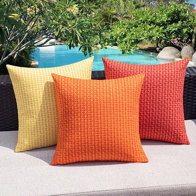 Kevin Textile Outdoor Waterproof Throw Pillow Covers Pack of 2 Weaving Texture Water Resistant Outside Decorative Cushion Covers for Garden Patio Tent Balcony Bench Couch Sofa 18x18 Inch, Yellow