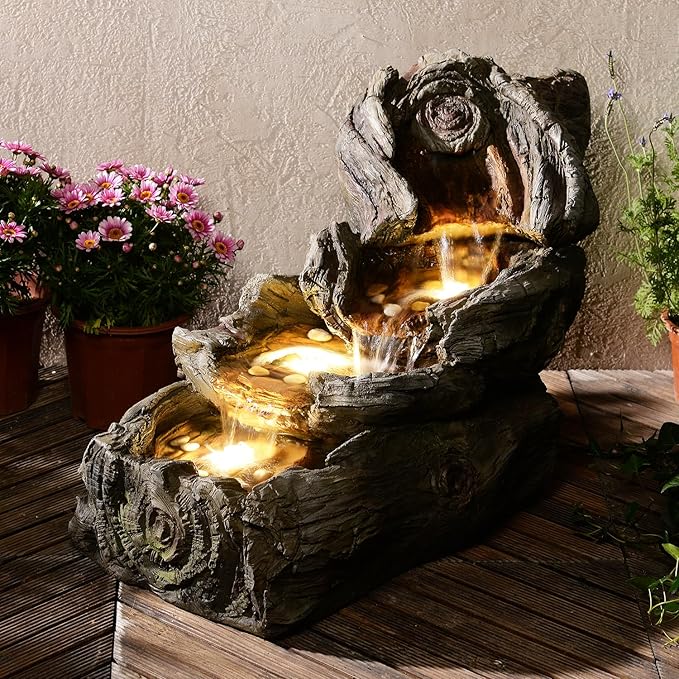 31.5" L Garden Water Fountain Outdoor, Artifical Imitation Wood Outdoor Water Fountain Natural Waterfall with LED Lights for Patio,Porch,Backyard,Home Art Decor（Resin）
