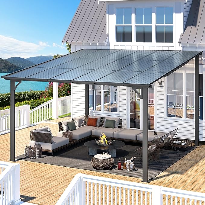 AECOJOY 12' x 12' Gazebo Outdoor Pergola for Patio, Large Wall-Mounted Hard Top Lean to Metal Gazebo Shelter Pergolas and Gazebos Clearance with Patio Roof, Heavy Duty Awnings for Patio, Decks