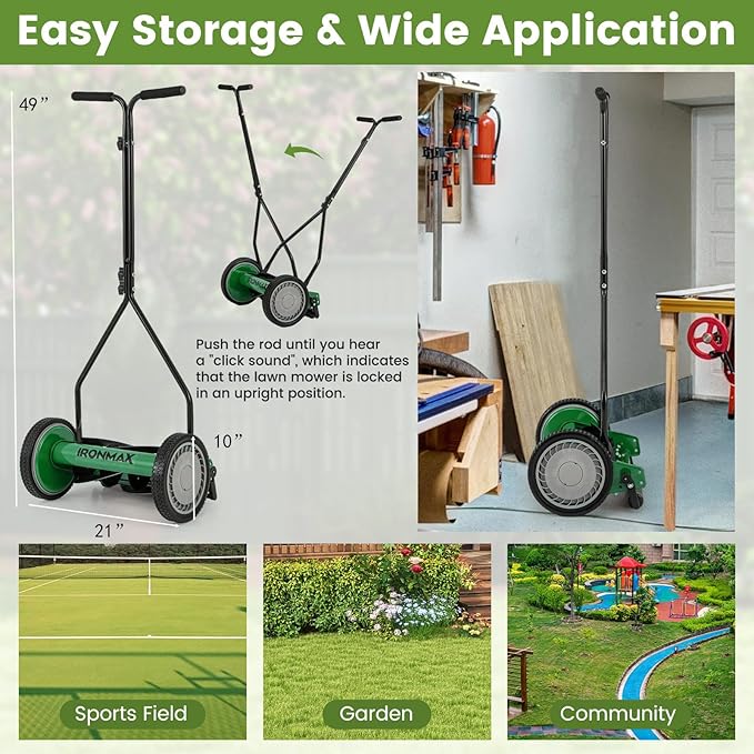 Goplus Manual Lawn Mower, 14 Inch 5-Blade Walk-Behind Cordless Grass Cutter with 7 Gallon Removable Grass Collect Bag, Adjustable Cutting Heights, Push Reel Lawn Mower for Yard, Garden
