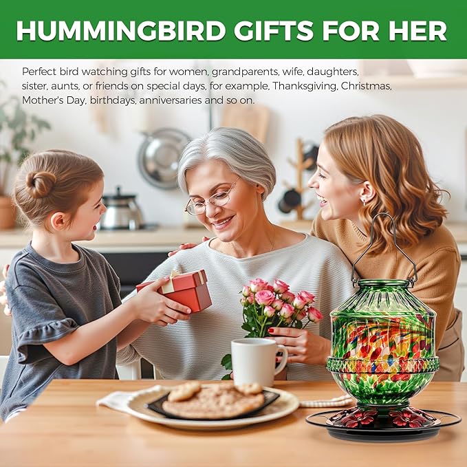 Hand Blown Glass Hummingbird Feeders for Outdoors, 25 Ounces Wild Bird Nectar Feeder with Perch & 5 Flower Feeding Ports Leak Proof Hanging for Garden Backyard Decor, Gifts for Women Mom, Green