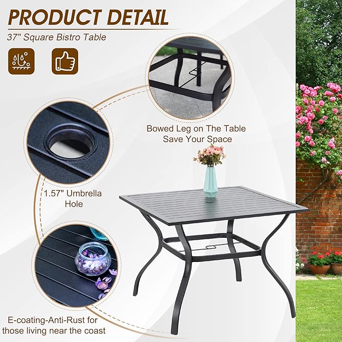 PHI VILLA 5 Pieces Outdoor Dining Set for 4, Square Black Wrought Iron Table with Umbrella Hole & Swivel Metal Chairs with Cushions, Modern Furniture for Patio, Deck, Yard, Porch