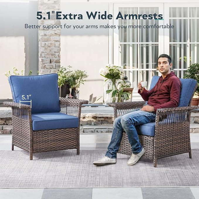 6 Pieces Wicker Patio Furniture Set - Hollow Widen Armrests 3 Seat Outdoor Sofa & Comfy Chairs with Side Table & Ottomans, Small Patio Convention Set for Deck and Backyard - Brown/Blue