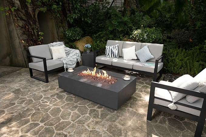 AMS Creations | Madison 60" Rectangular Natural Gas Outdoor Fire Pit Table | Dark Gray Concrete GFRC | Limestone Texture or Surface | Electronic Ignition | Outside Backyard Fireplace