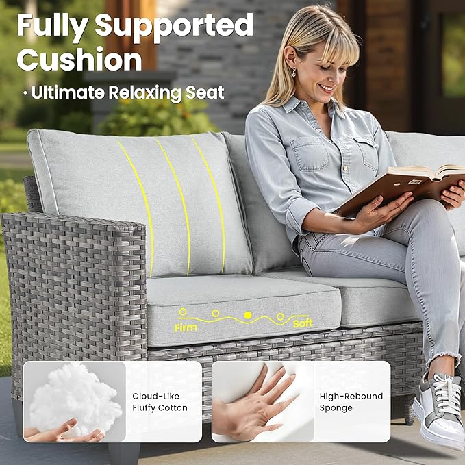 ovios 4 Pieces Patio Furniture Set Outdoor Sofa Couch with Solar Lights Table Comfy Cushions, Modern Deep Seat Wicker Rattan Conversation Set for Porch Deck, Grey