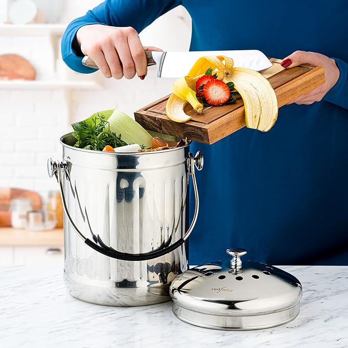 RED FACTOR Premium Compost Bin for Kitchen Countertop - Stainless Steel Food Waste Bucket with Innovative Dual Filter Technology - Includes Spare Filters (Brilliant Steel, 1.3 Gallon)