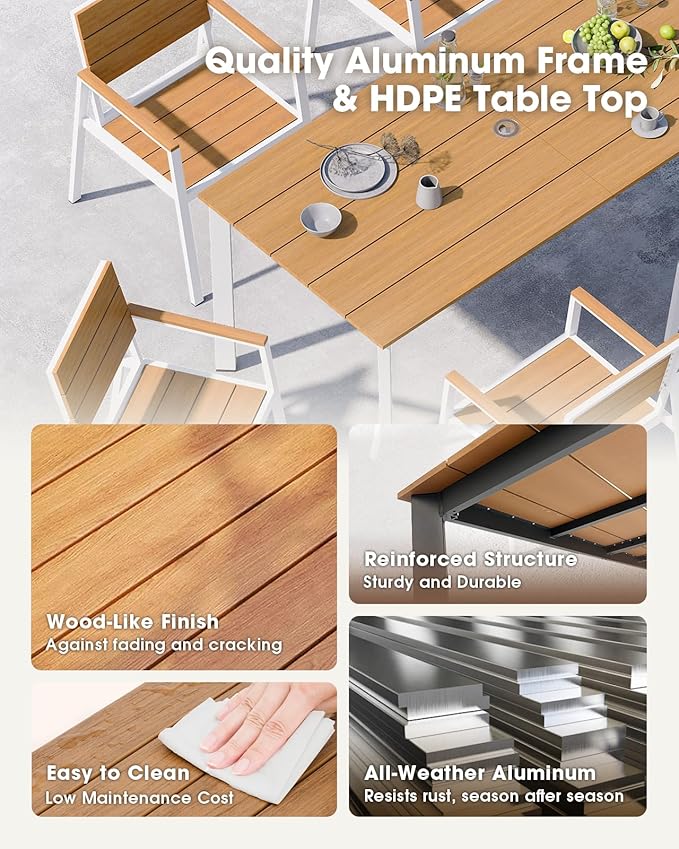 Outdoor Patio Dining Set, Aluminum & HDPE 5 Piece Outdoor Table and Chairs Set with Umbrella Hole, Modren Rectangular Patio Furniture Set with All-Weather Table and 4 Chairs (White & Teak)