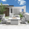 Solaste Aluminum Patio Furniture Set with Fire Pit Table, 4 Piece Metal Outdoor Furniture with Water-Resistant Cushions, Modern Patio Conversation Set for Balcony, Front Porch, and Backyard, White