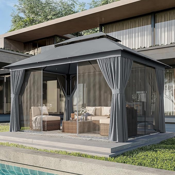 AOXUN Outdoor Gazebo for Patio 10x12, Metal Frame Canopy with Double Roofs, Heavy Duty Party Tent and Shelter with Mosquito Netting and Privacy Screen for Backyard, Lawn, Garden, Deck
