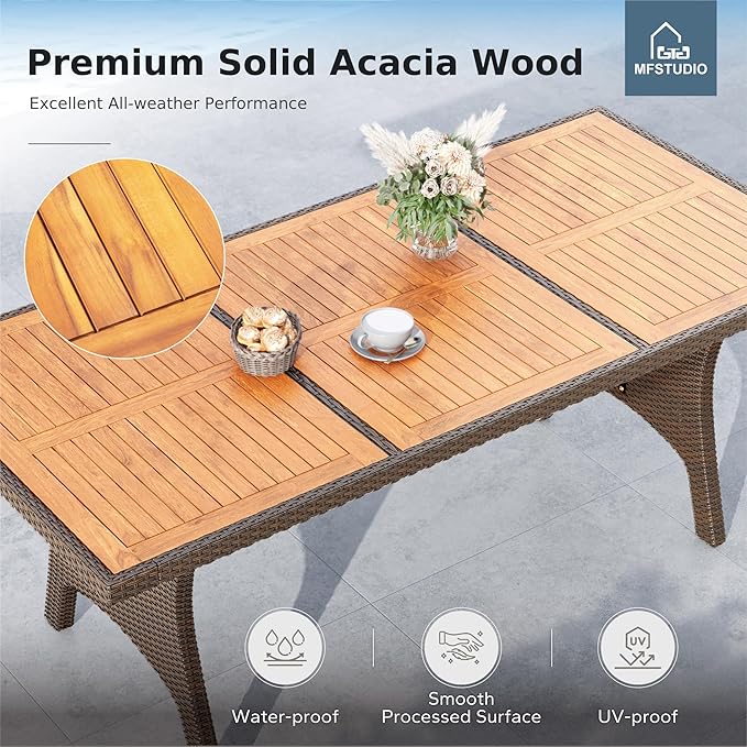 MFSTUDIO Outdoor Dining Sets for 8, 9 Pieces Patio Dining Furniture, 74’’ Rectangular Outdoor Table and Chairs, Acacia Wood Top & Rattan and Metal Frame, Modern Patio Furniture
