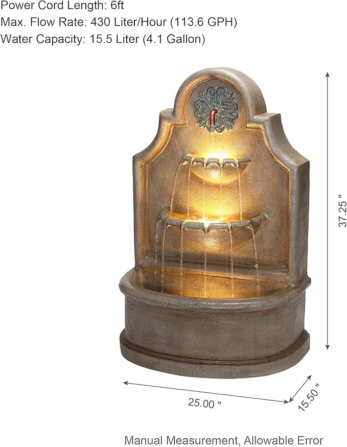 Glitzhome Outdoor Wall Mounted Water Fountain with LED Lights and Pump, Oversized Antique European Style 3-Tier Polyresin Cascading Floor-Standing Fountain for Porch Deck Patio Backyard, 37.25" H