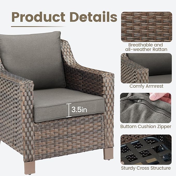 Outdoor Wicker Patio Chairs Set of 2 - Heavy Duty Outside Modern PE Rattan Lawn Chair for Front Porch Balcony Backyard Yard Deck Poolside Apartment – Brown/Grey