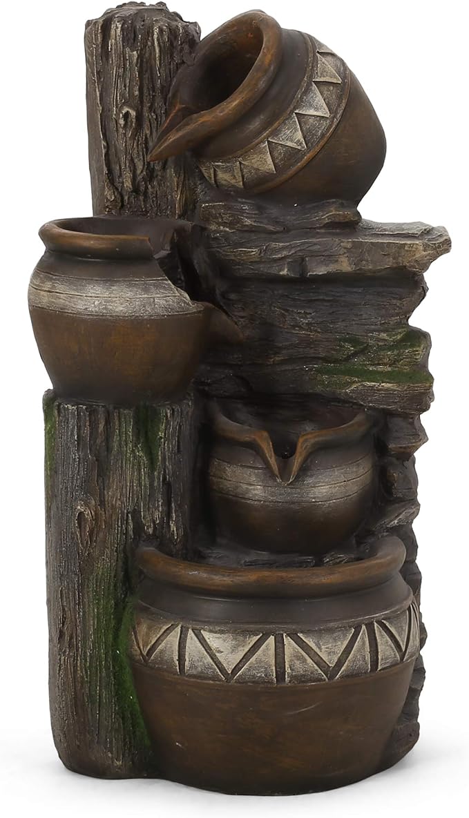 Merax 19.75" High Weather Resistant Floor Fountain with Light, 3 Tier Outdoor Fountain, Stacked Jar Design for Garden Patio Yard, Brown+Gray