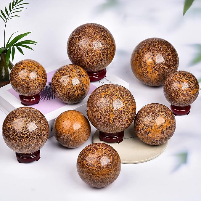 JIC Gem Real Natural Crystal Sphere Ball with Wooden Stand for Fengshui Golden Jade Healing Crystal Ball Decoation Meditation Energy Reiki Ball (90-100mm)