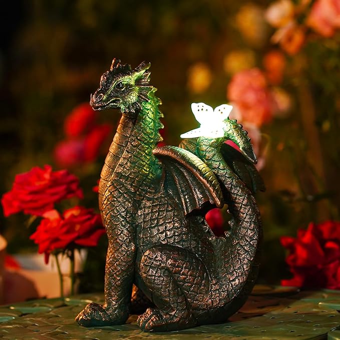 Nacome Dragon Outdoor Statues for Garden: Outside Decor with Butterfly Clearance for Yard Art Lawn Ornaments Porch Patio Balcony Home House - Birthday Gifts for Grandma Mom Women