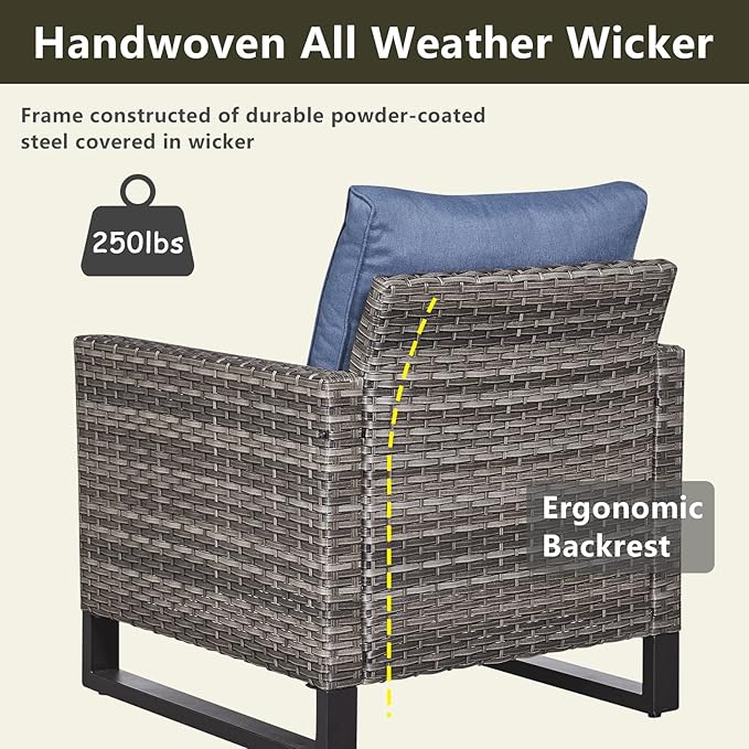 Rilyson Wicker Outdoor Patio Furniture Set - 5 Piece Patio Conversation Set with 2 Wicker Armrest Chairs,2 Rattan Ottoman and 1 Couch for Outside Porch Deck Backyard Garden(Mixed Grey/Blue)
