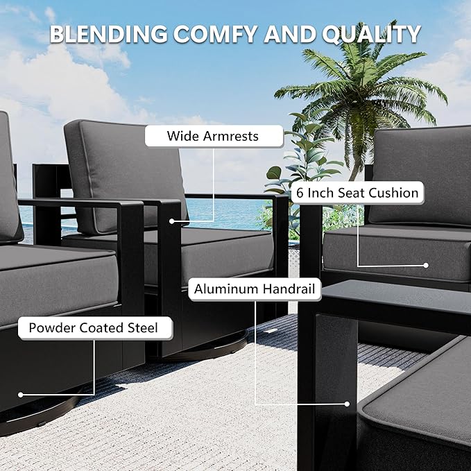 Outdoor Patio Furniture Set, 3-Piece Aluminum Patio Conversation Set All-Weather Metal Outdoor Sectional with 6 Inch Thick Cushions, Deep Setting for Garden, Outside and Porch