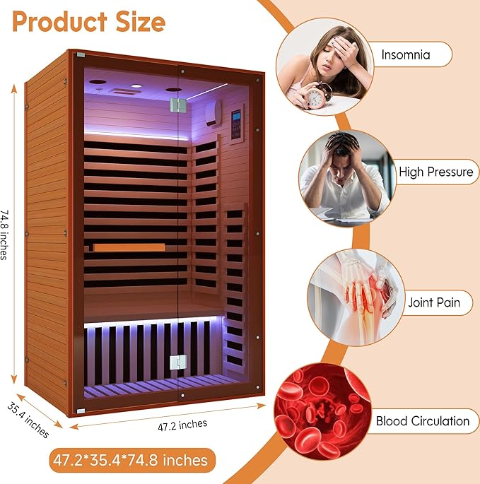 RIGO Sauna Infrared Far Infrared Sauna for Home Sauna 2 Person with Hemlock Wood Dry Sauna for Home Infrared Sauna 2 Person Low EMF Indoor Sauna for Two Person in Home Sauna 1950W with Speakers