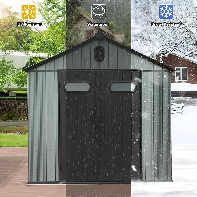 6X4FT Outdoor Resin Storage Shed, Waterproof Plastic Garden Shed with Lockable Door, Windows & Vents, Outside Storage Tool Shed for Patio Furniture, Lawn Mower, Bike