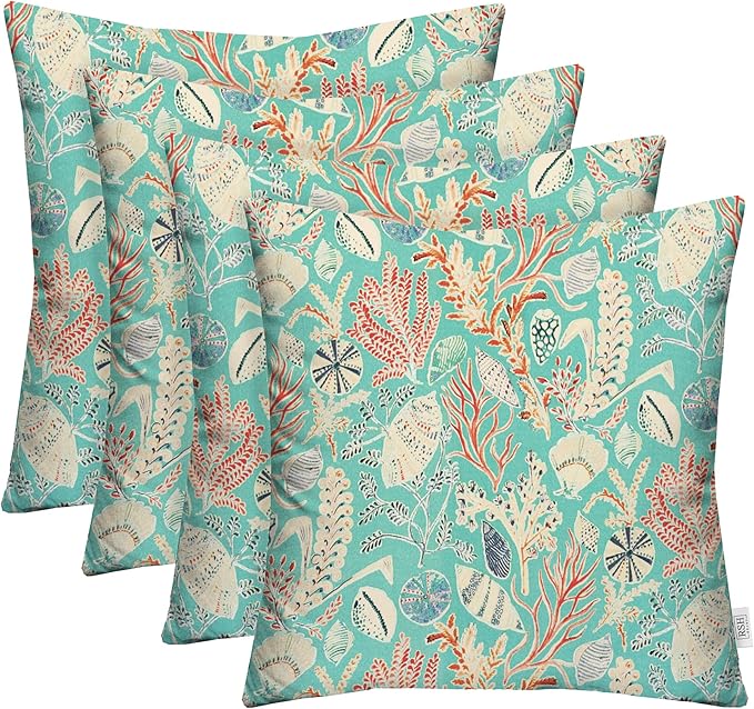RSH DECOR: Square Throw Pillows Set of 4 | 17” x 17” | All-Weather Spun Fabric | Water and Fade-Resistant | Outdoor Accent Pillows for Patio Furniture | Blue Ocean Life