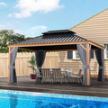 HAPPATIO 12' x 16' Hardtop Gazebo, Outdoor Wood Grain Frame Aluminum Gazebo, Double Roof Permanent Patio Canopy with Netting and Curtains for Garden, Patio, Lawns, Parties (Grey)