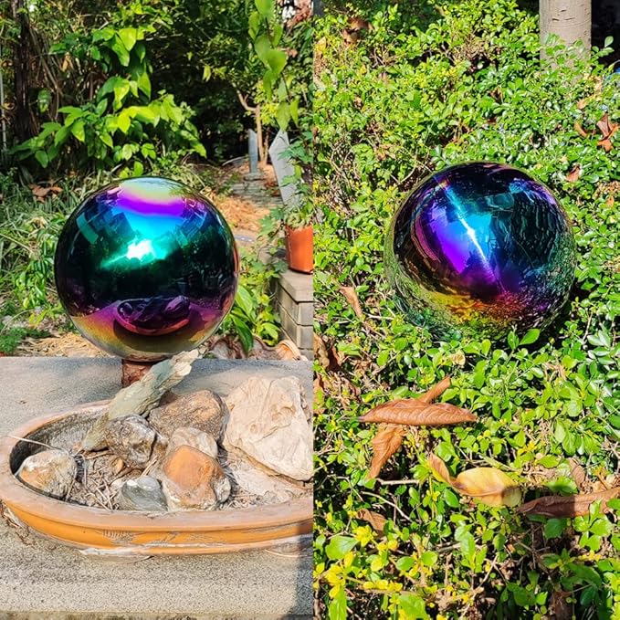 35cm/14 inch Garden Sphere Mirror Gazing Ball,Rainbow Stainless Steel Polished Reflective Smooth Hollow Globe Ball,Durable Colorful and Shiny Decorations Addition to Garden Patio Yard Home
